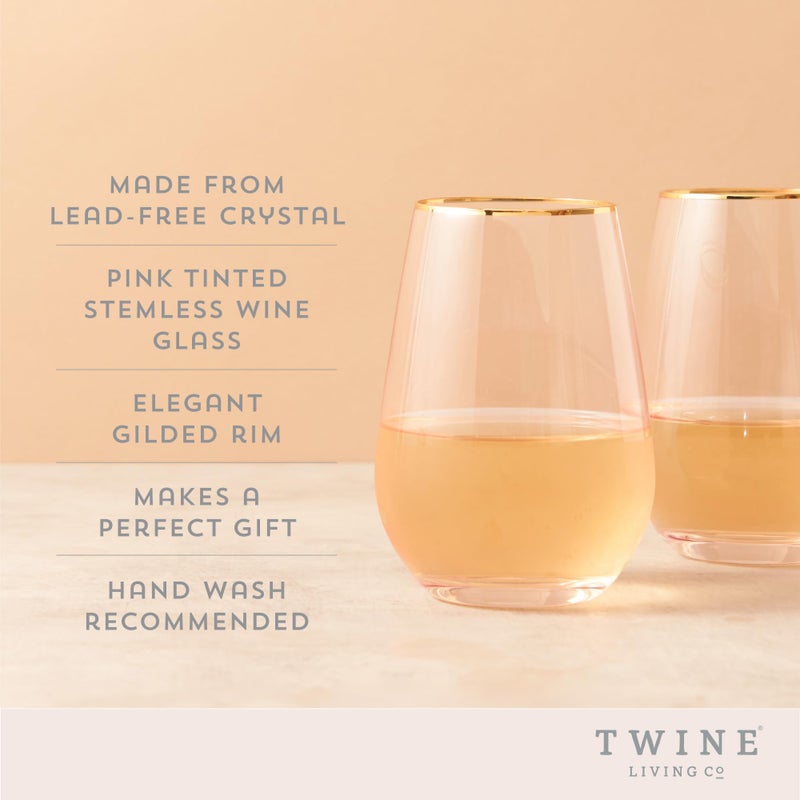 Twine Rose Crystal Stemless Wine Glasses Set, Pink Tinted with Gold Rim, Elegant Drinking Glasses for Red and White Wines, Wedding Gifts, Housewarming, Decorative Glassware, Home Bar,18 oz, Set of 2 - Image 2
